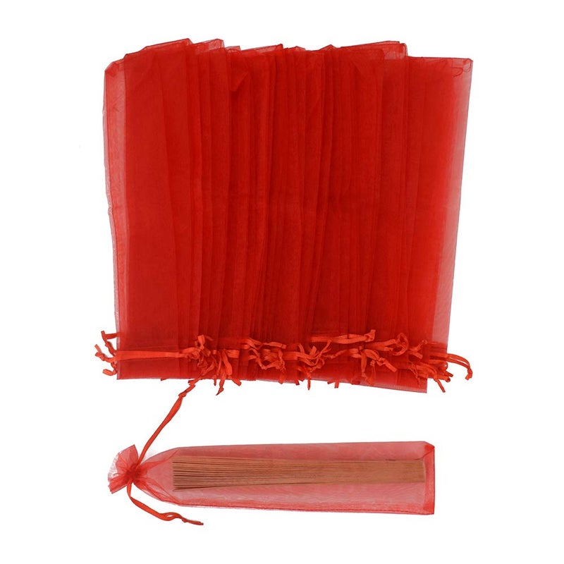 Bezall 50Pcs Red Organza Hand Fan Bags, 2x10 Inches Sheer Christmas Favors Drawstring Pouches Wedding Party Folding Fan Gift Bags - Image 1